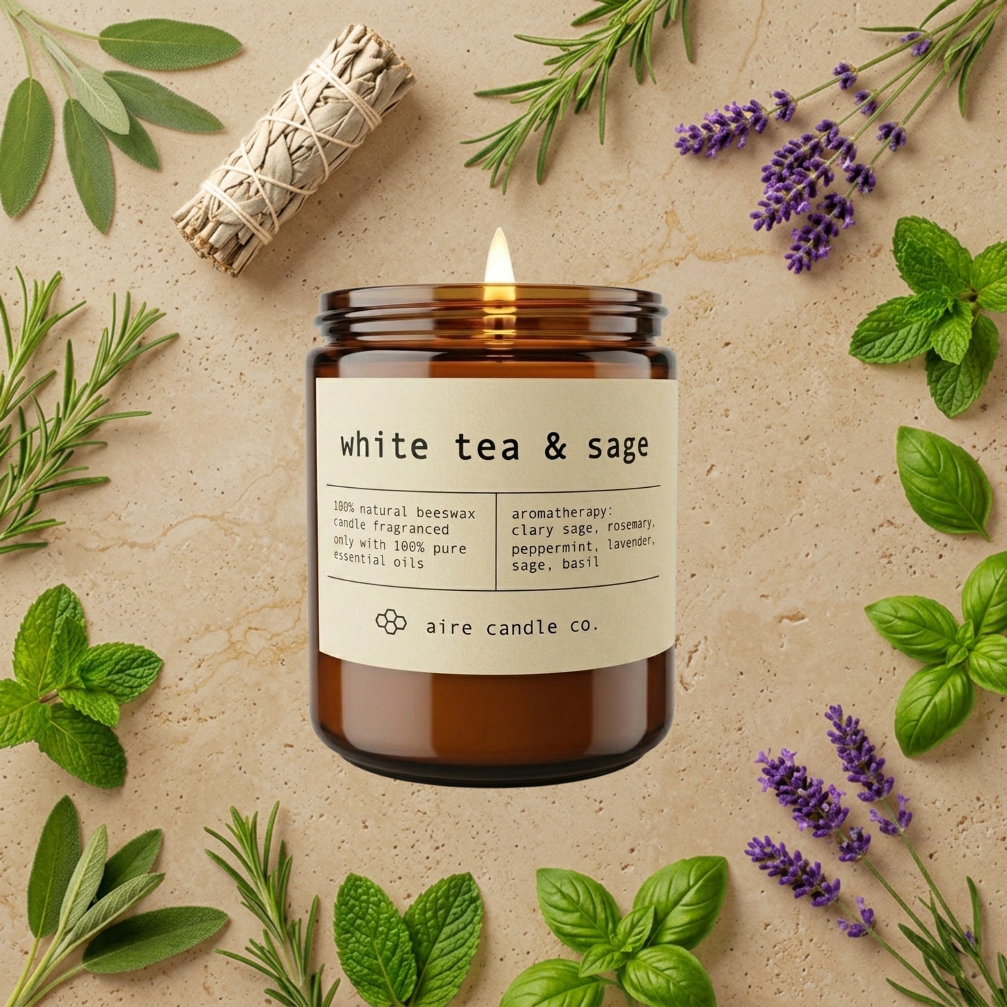 White tea & sage candle with herbs on a beige background