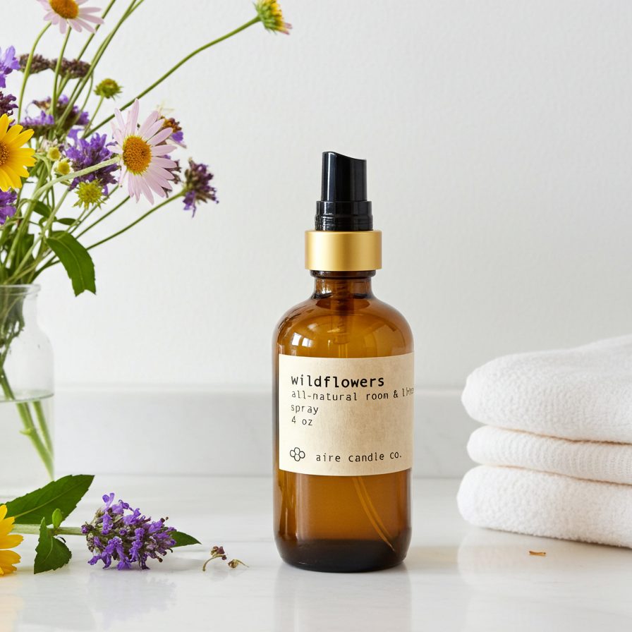 A bottle of 'Wildflowers' room spray by aire candle co. on a white surface with flowers and towels in the background.