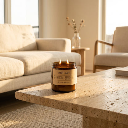 16 oz beeswax candle by aire candle co. labeled 'wildflowers' on a travertine coffee table at dusk in a cozy living room.