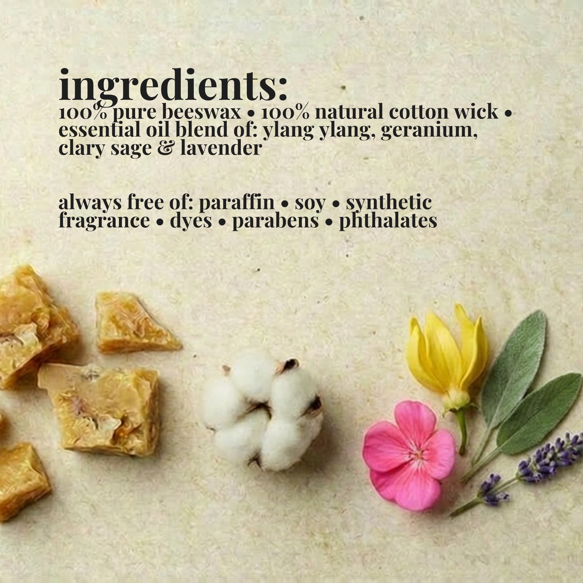 Ingredients list for aire candle co.'s wildflowers essential oil scented beeswax candle with natural materials on a textured background.